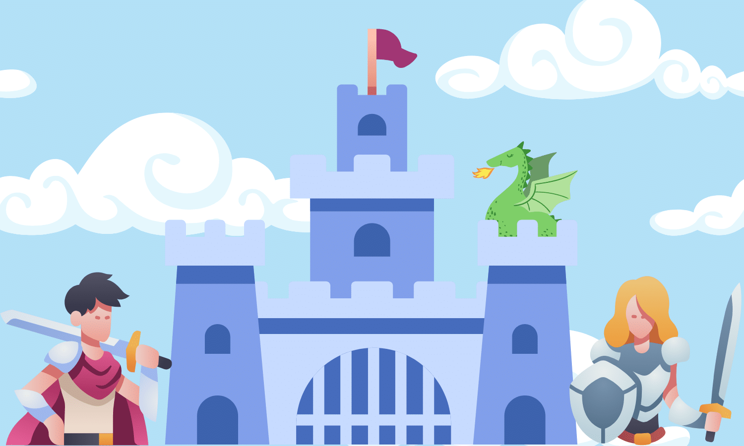 graphic of two knights in front of a castle with a dragon 